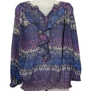 Y2K The Limited Sheer Oversized Med Boho Peasant Blouse Ruffle Front Smocked Hem